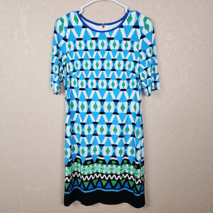 Eliza J Green and Blue Geometric Print Shift Dress Size 6 (3634)